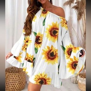Boho Floral Sunflower Print Off Shoulder Dress White Yellow